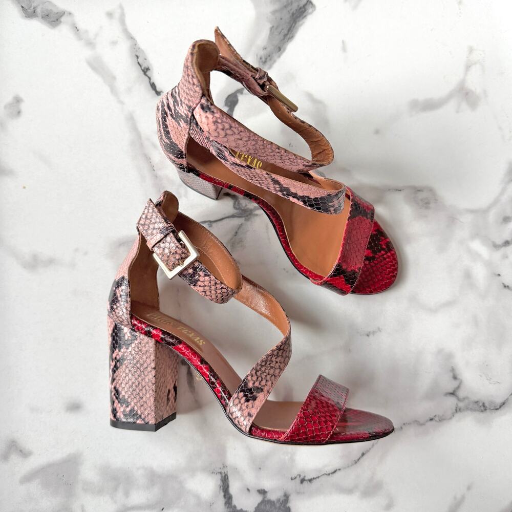 Paris Texas Snake Leather Block Heel Sandals in Pink Red NEW Size 37